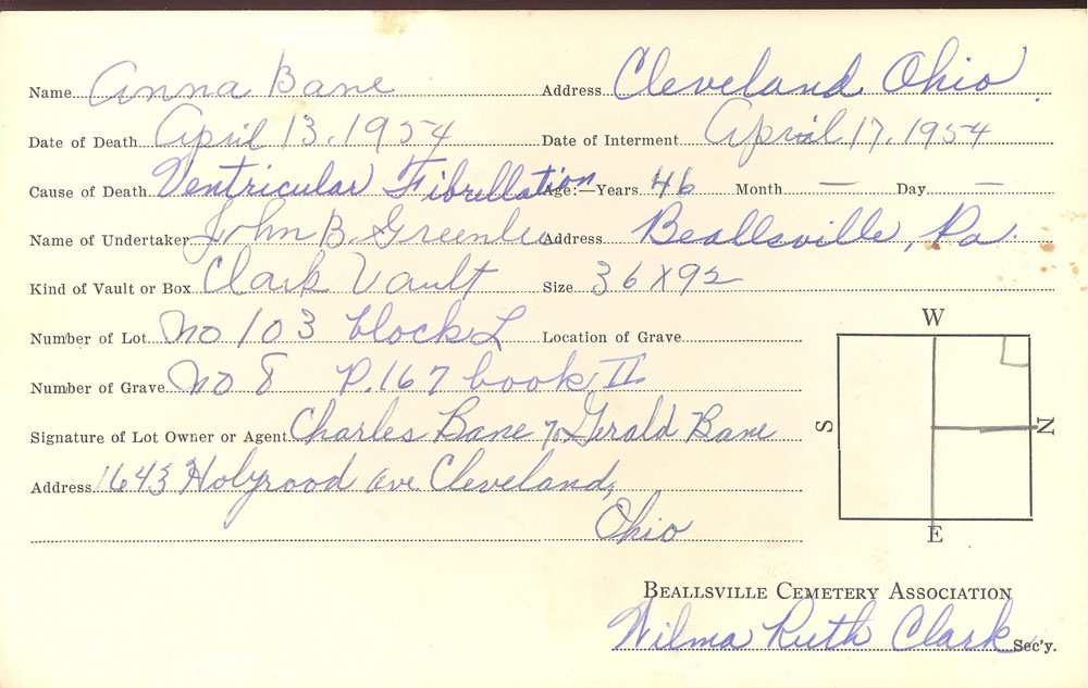 Anna Bane burial card